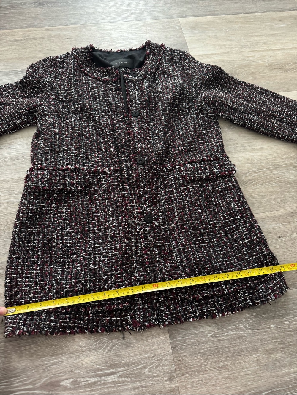 Ann Taylor tweed jacket w/ dark, multi-color textured design and fringe detail - Picture 15 of 16